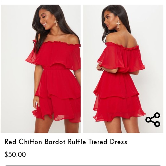 red chiffon bardot ruffle tiered dress